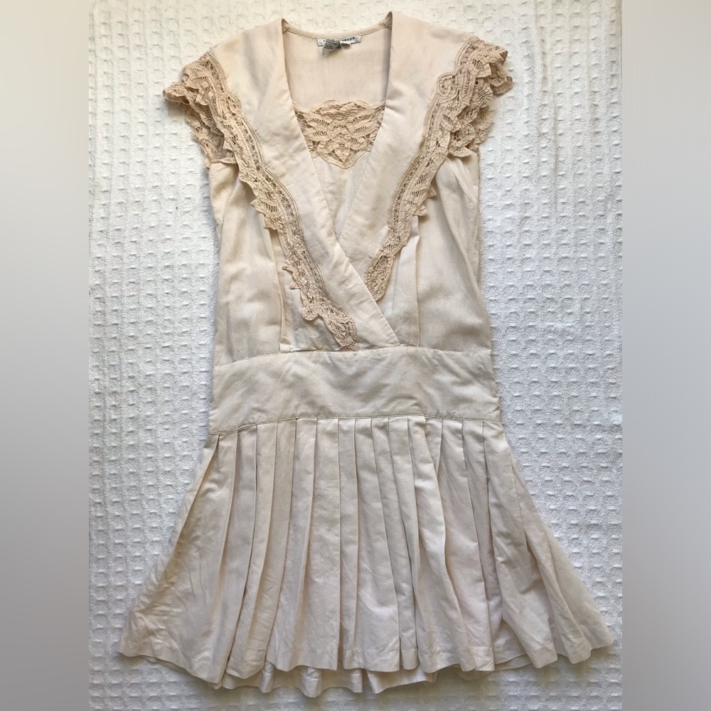 VTG Nancy Johnson Drop Waist Dress Natural Ecru Crochet Lace Pleated Skirt sz 6